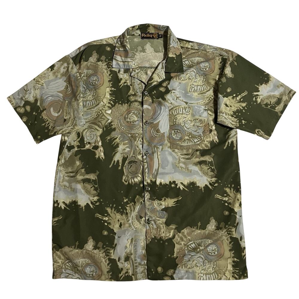 Vtg Y2K Mens Reliq Casual Short Sleeve Shirt Button-Up Abstract Art Green XL